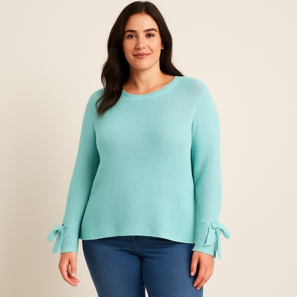 Coco + Jaimeson Aqua Knit Sweater XL Bow Sleeve Lightweight Pullover Cozy - Picture 1 of 5